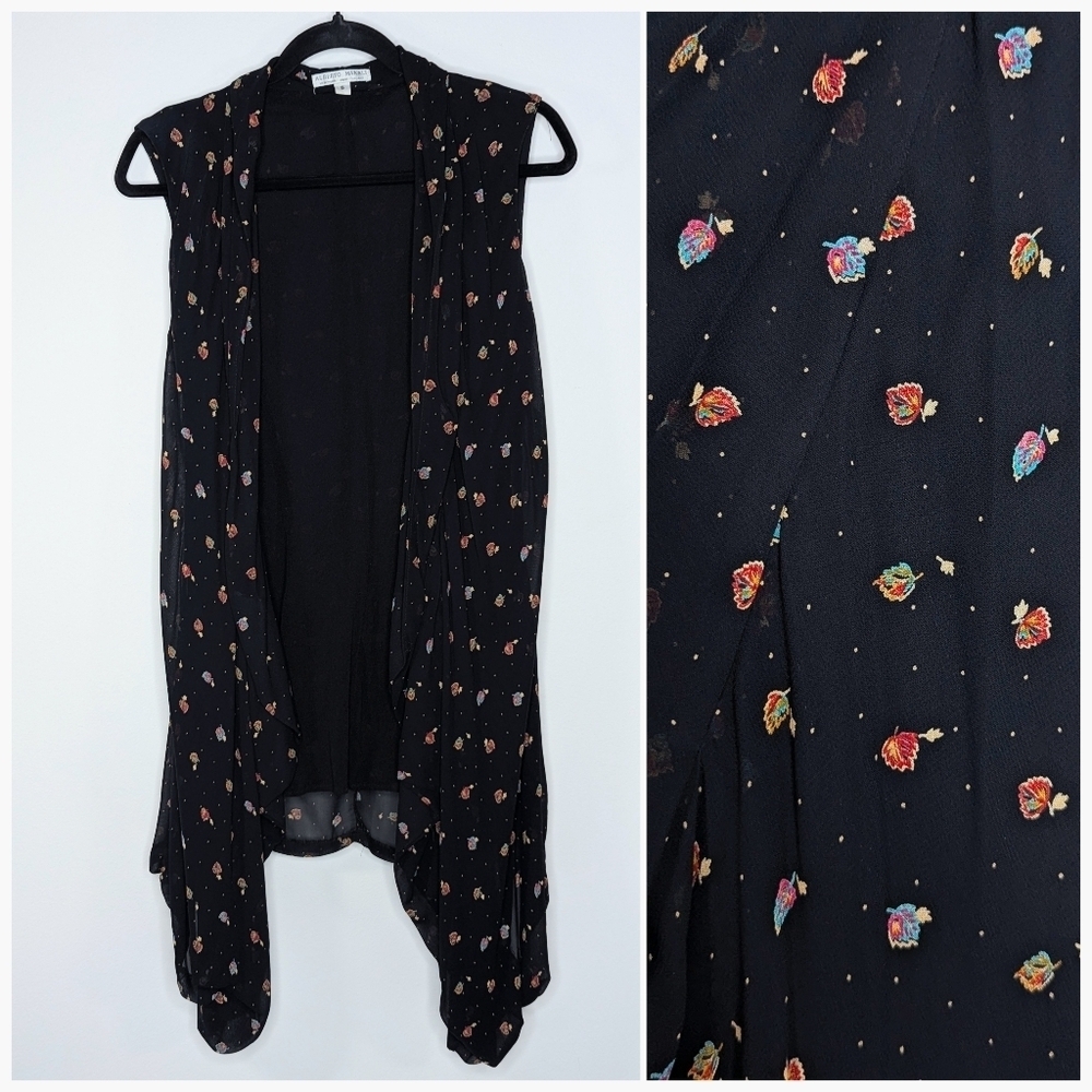 VTG Alberto Makali Sleeveless Open Front Leaf Print‎ High Low Vest Black Small